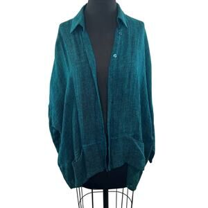Staples Teal Blue Lagenlook 100% Linen Button Collar Oversized Top M Medium USA